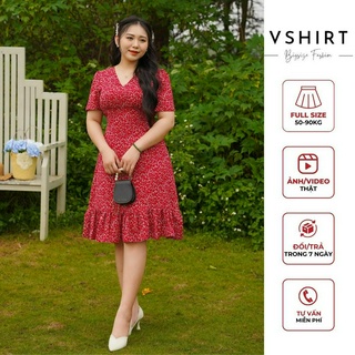 Váy đỏ hoa nhí đuôi bèo VSHIRT có lót chất liệu tằm hàn nhẹ mát