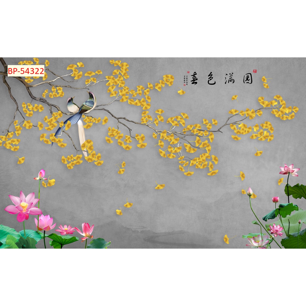 Tranh 3D dán tường phòng khách phong cách INDOCHINE cành hoa nhí, dáng cánh hoa nhỏ