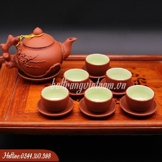 Bộ ấm chén tử sa Bát Tràng đắp nổi hoa phù dung màu nâu sáng