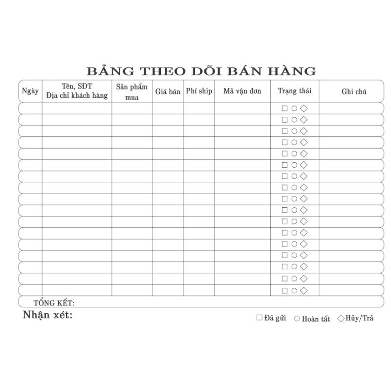 Sổ Theo Dõi Bán Hàng Online, Nhật Ký Bán Hàng