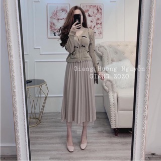 Chân váy midi dập ly chân ren freesize