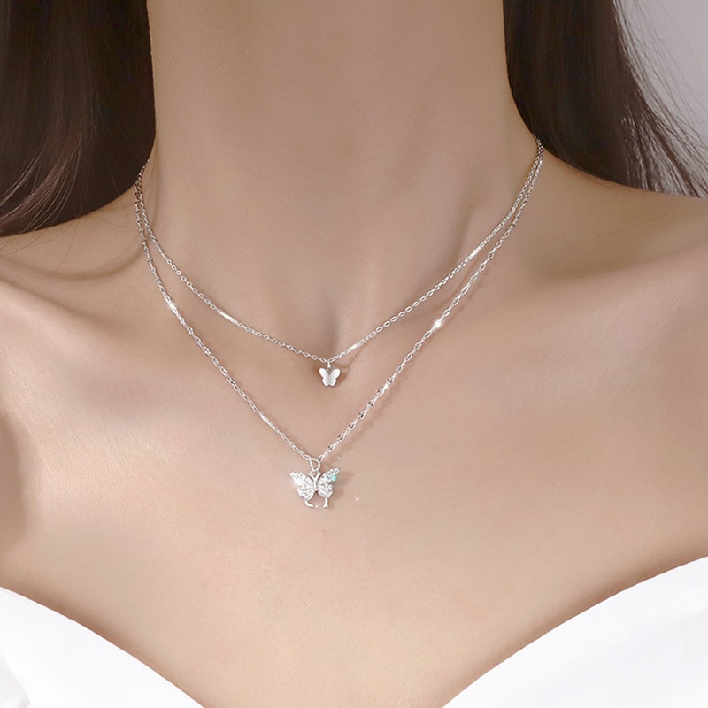 Dây chuyền hai lớp mặt bướm đính đá long lanh sang trọng thời trang dành cho nữ
