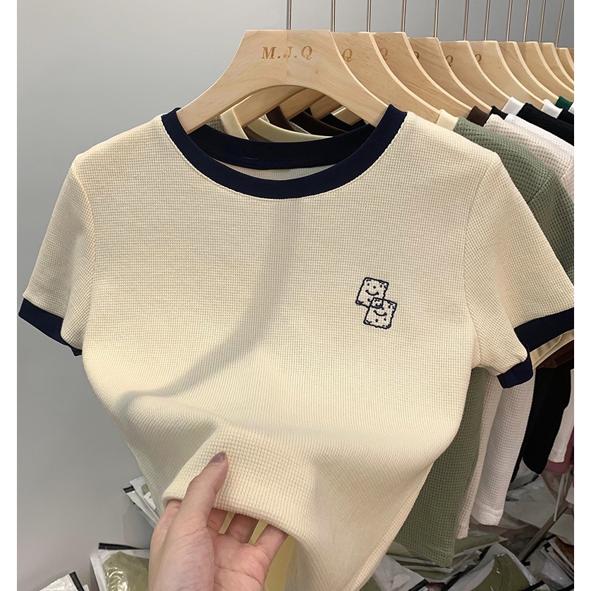 Áo Thun Cotton Ngắn Tay Thêu Họa Tiết Màu Sắc Tương Phản Thời Trang Cho Nữ 54276