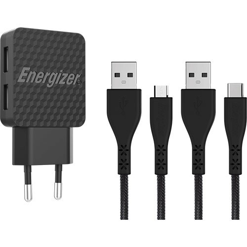 Combo cốc sạc Energizer 2.4A 2USB + Cáp Micro USB + Cáp USB Type-C 2.0 1.2m AC2BEULCMM - Hàng chính hãng