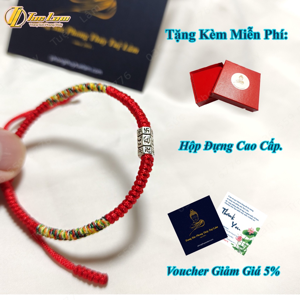 Vòng tay chỉ đỏ may mắn bện handmade charm ống trụ khắc kinh tây tạng bình an - Tuệ Lâm