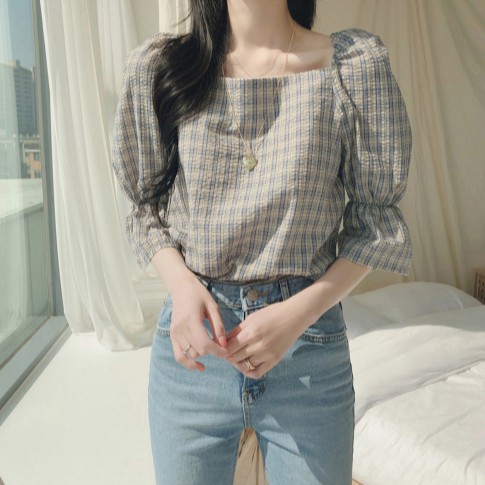 SUXI Áo kiểu tay lỡ hở lưng họa tiết sọc ca rô phong cách Hàn Quốc thời trang dành cho nữ