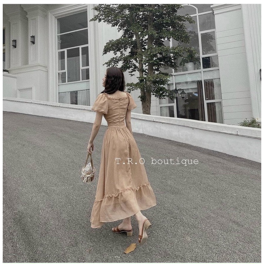 Đầm Maxi Nâu Tây 💖DEMISS💖 Váy Maxi Nâu Tây Viền Bèo Tay Phồng Dạo Phố Đi Biển - V-NÂU-26