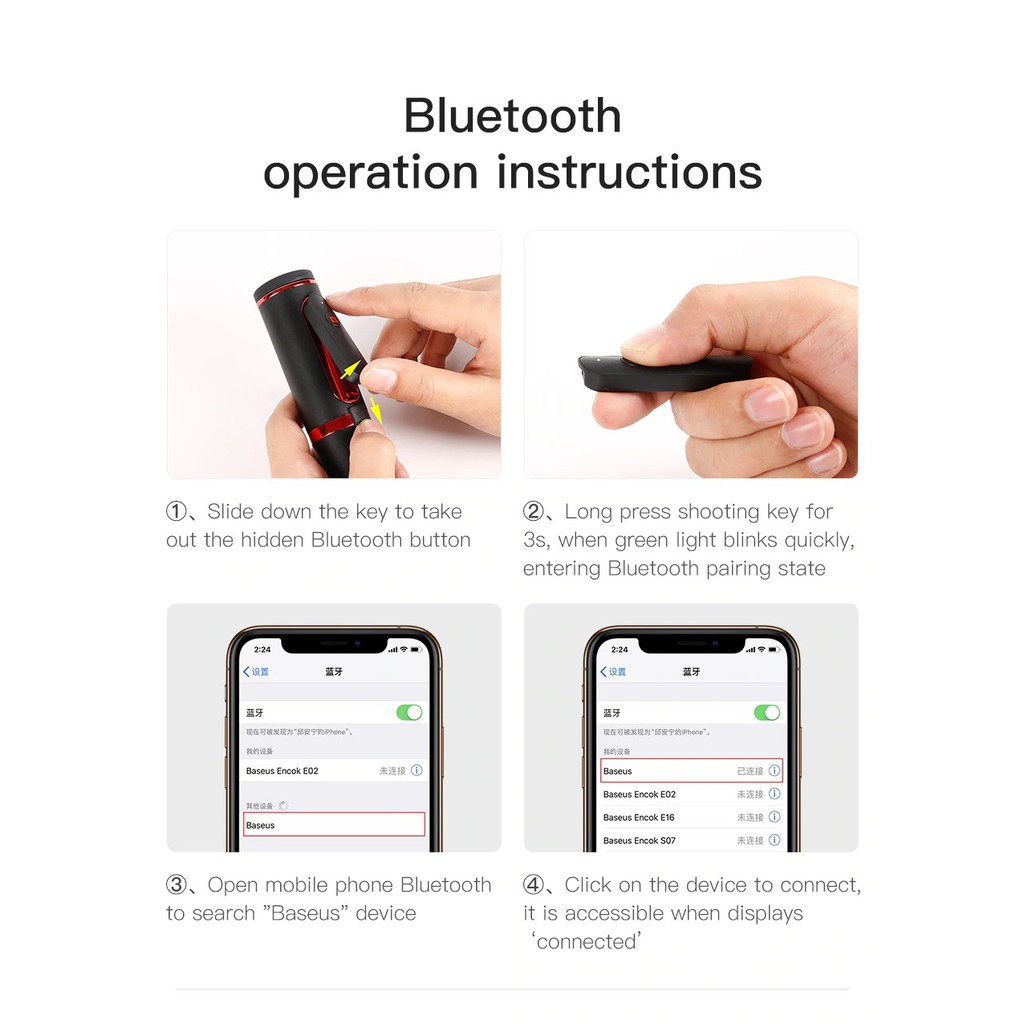 Gậy chụp ảnh selfie hỗ trợ nút bấm Bluetooth pin sạc, tích hợp 3 chân dựng - Baseus Bluetooth Selfie Stick Tripod | BigBuy360 - bigbuy360.vn