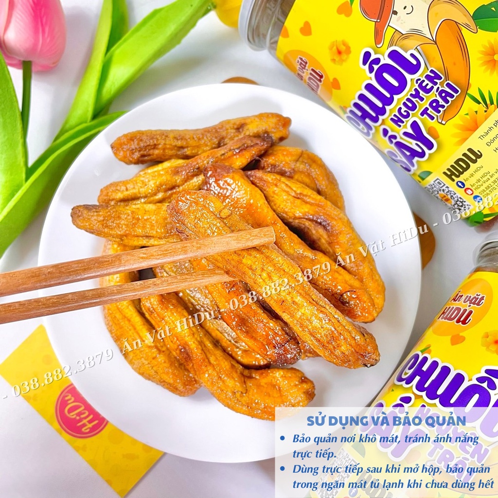 Chuối sấy dẻo nguyên trái HiDu 500gr không đường đà lạt loại ngon