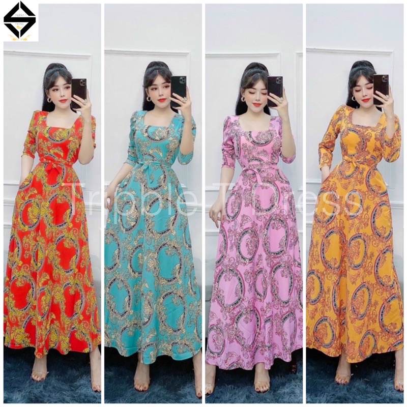 Đầm maxi lụa hoa tay dài cột eo xinh yêu TRIPBLE T DRESS - Free size