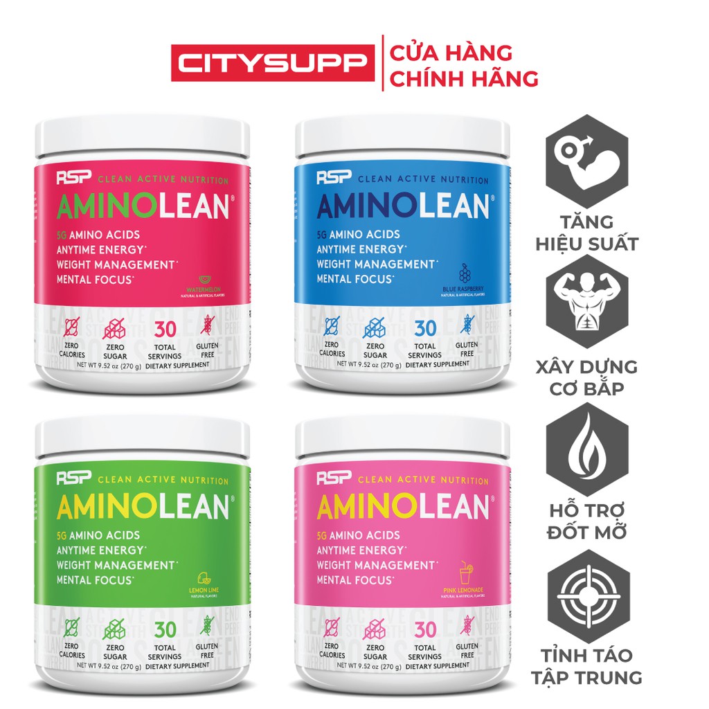 RSP Amino Lean, Năng Lượng Hoàn Chỉnh Cho Nam và Nữ, 5G EAA/BCAA, L-Carnitine Hỗ Trợ Đốt Mỡ & Caffeine (30 Lần dùng)