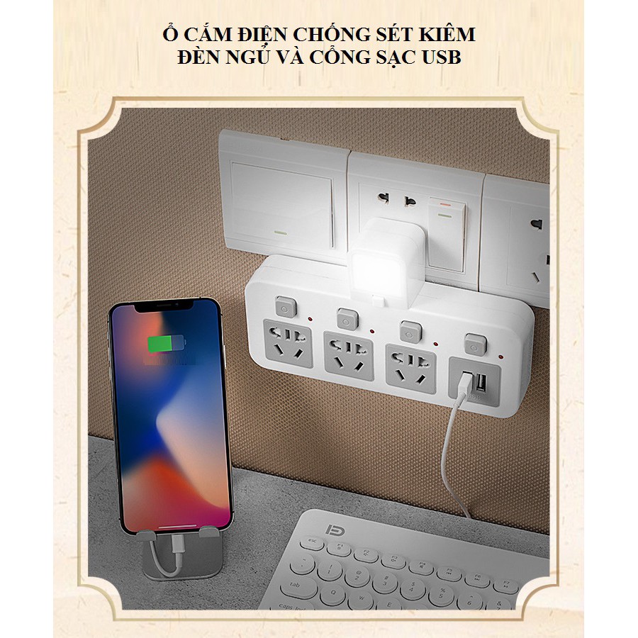 Ổ Cắm Chống Sét Có Công Tắc Riêng ❤️FREESHIP❤️ Phích Cắm Thông Minh Sạc Usb -Đèn Ngủ Cảm Ứng Hoặc Công Tắc