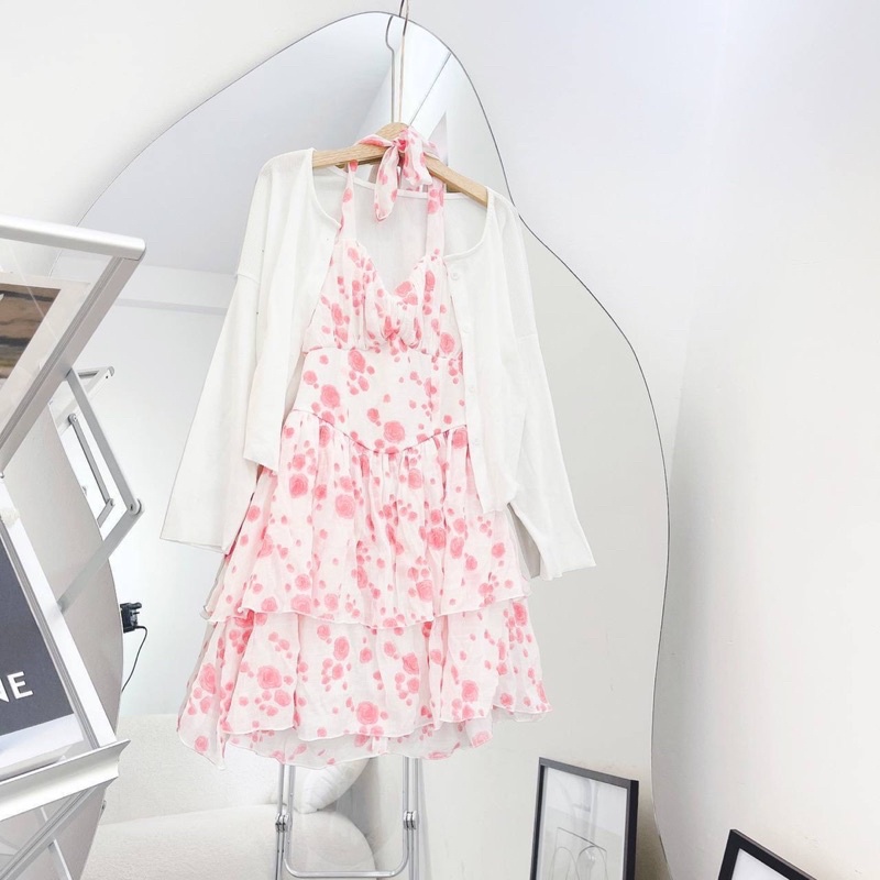 Set Đầm 2S Hoa Nút Ngọc Kèm Khoác Croptop Hồng Bèo Nữ Tính Siêu Xinh