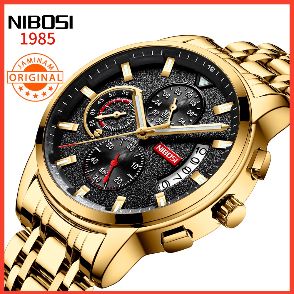 Đồng hồ đeo tay nam NIBOSI Quartz Sport Đồng hồ đeo tay nam Steel Band Đồng hồ đeo tay quân đội Vàng chống nước