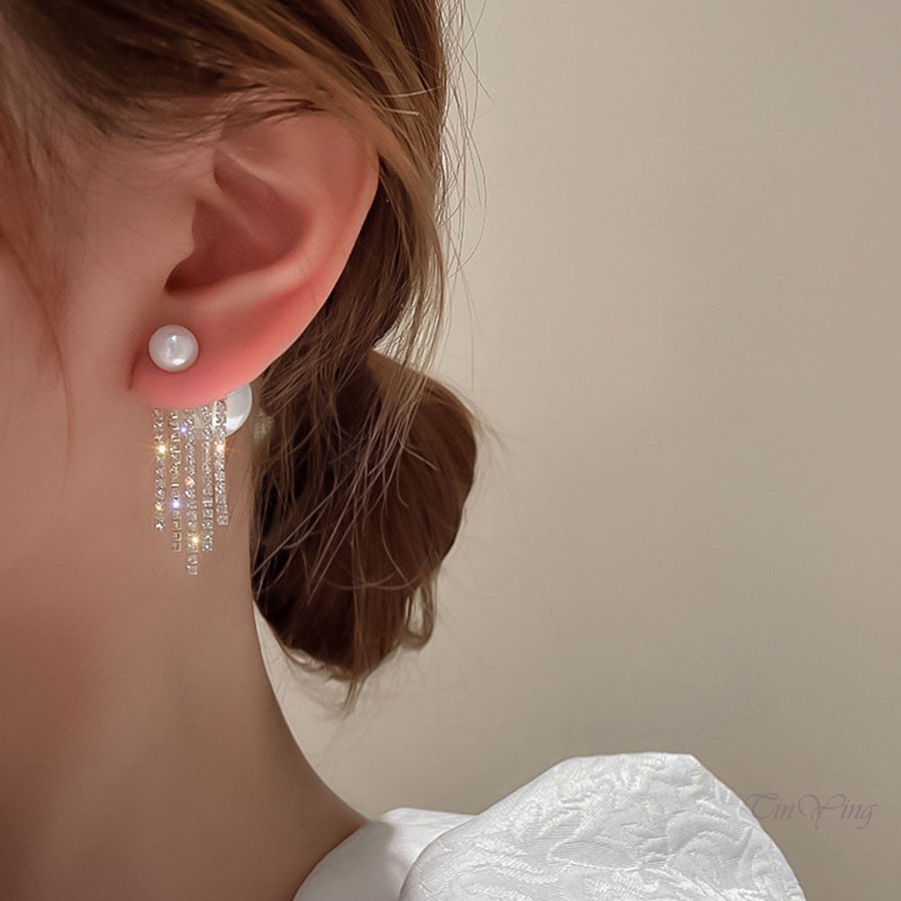 GETNOIVAS Bông Tai Mạ Bạc 925 Đính Đá Phối Tua Rua 2 Chiều Chống Dị Ứng Hợp Thời Trang