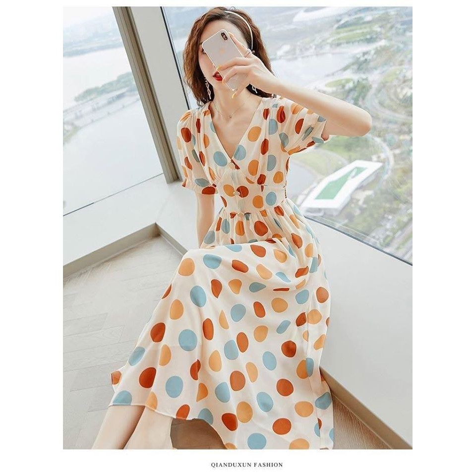 HÀNG QC - ĐẦM XOÈ VOAN CHẤM BI TO MÀU SẮC TAY BỒNG VINTAGE - MH323