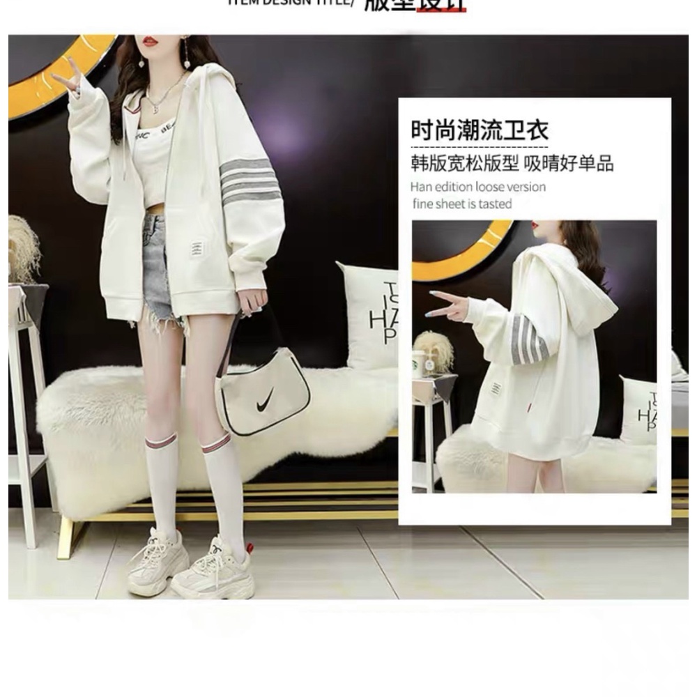 Áo khoác nữ phối 3 sọc cánh tay nỉ bông kiểu dáng thể thao form rộng UT [NewUnisex]