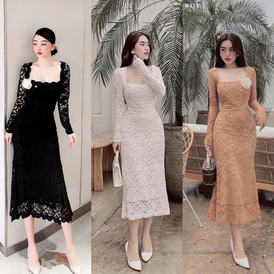 {FREESHIP] Đầm ren tay dài quá chanh sả có lót trong dày dặn