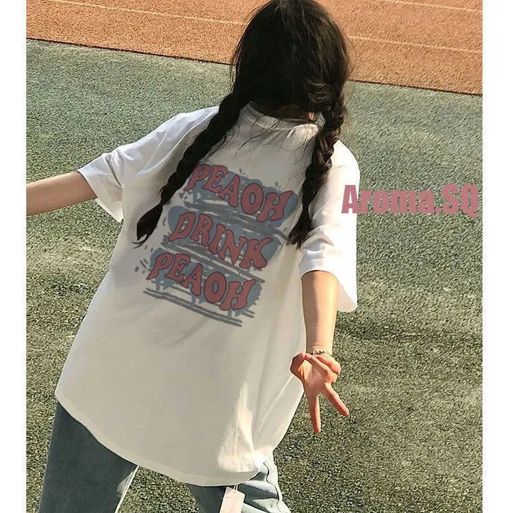 Áo Thun 100% Cotton Tay Ngắn Dáng Rộng In Chữ Trước Và Sau Phong Cách Harajuku Cho Nữ