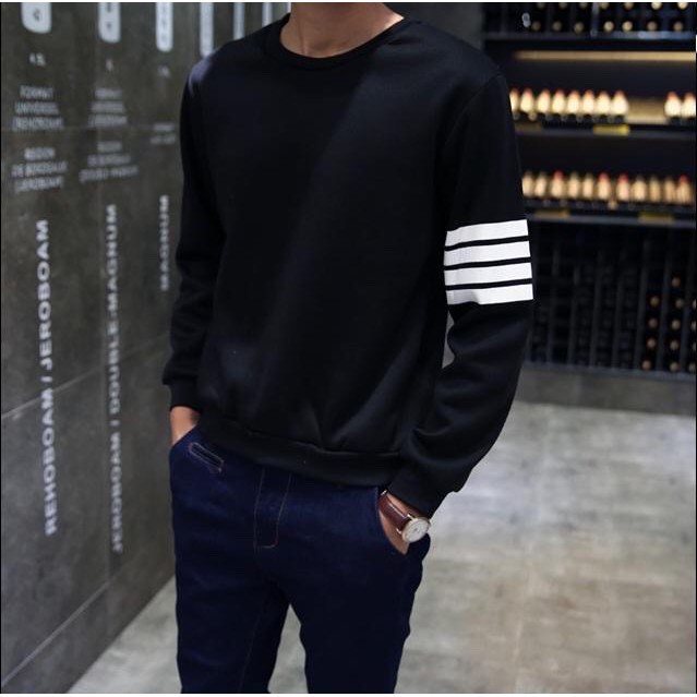 Áo Sweater Nỉ Cổ Tròng Trơn 4 Vạch Cánh Tay Thời Trang Hàn Quốc Chất Liệu Mềm Mịn