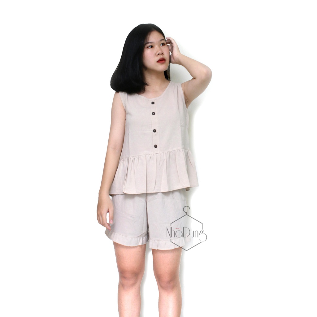 Đồ bộ nữ mặc nhà vải đũi quần ngắn sát nách size dưới 65kg