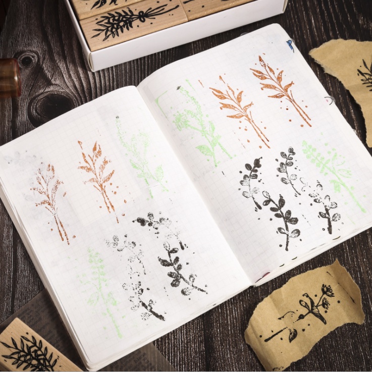 Con dấu gỗ mẫu hoa lá thực vật trang trí sổ làm journal planner