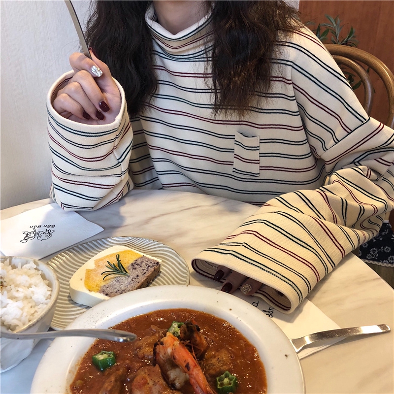 Áo sơ mi cổ lọ kẻ sọc phong cách Hàn Quốc thanh lịch dành cho nữ | BigBuy360 - bigbuy360.vn