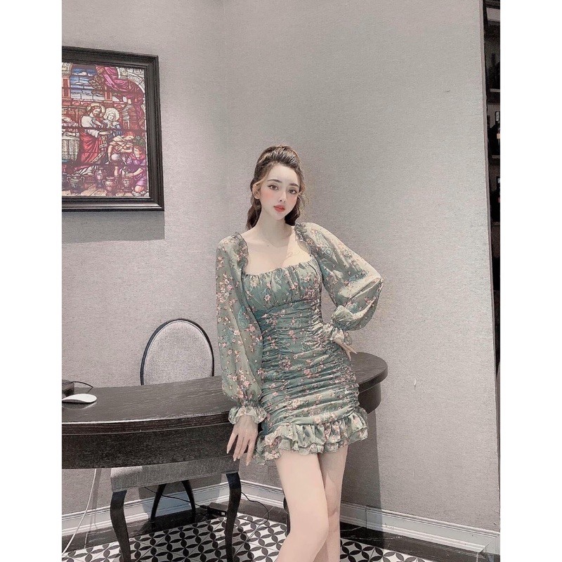 Đầm body hoa cổ vuông nhún