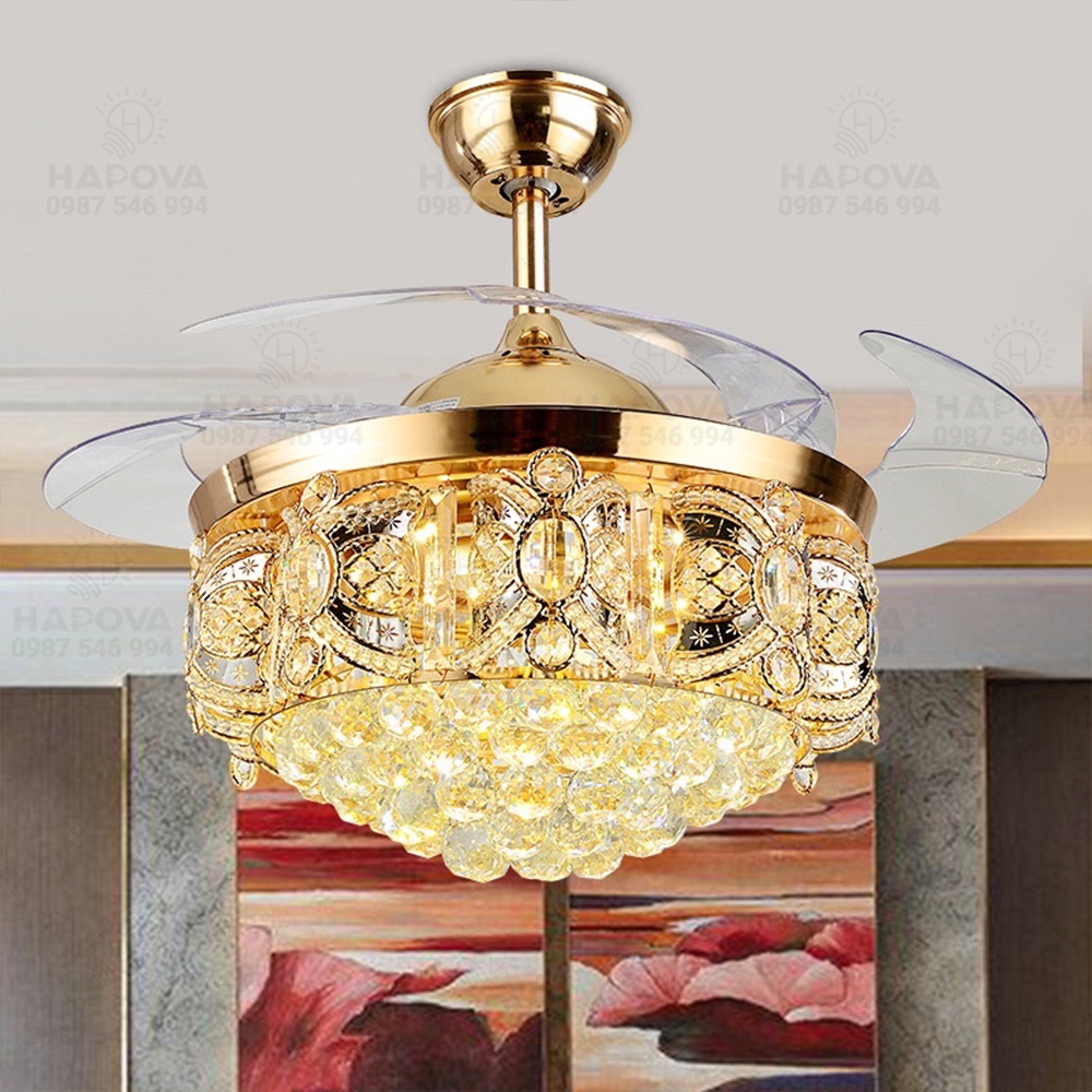Quạt có đèn, quạt trần đèn dấu cánh pha lê HAPOVA SISOR 8048 Động cơ 6 số + Tặng kèm điều khiển từ xa
