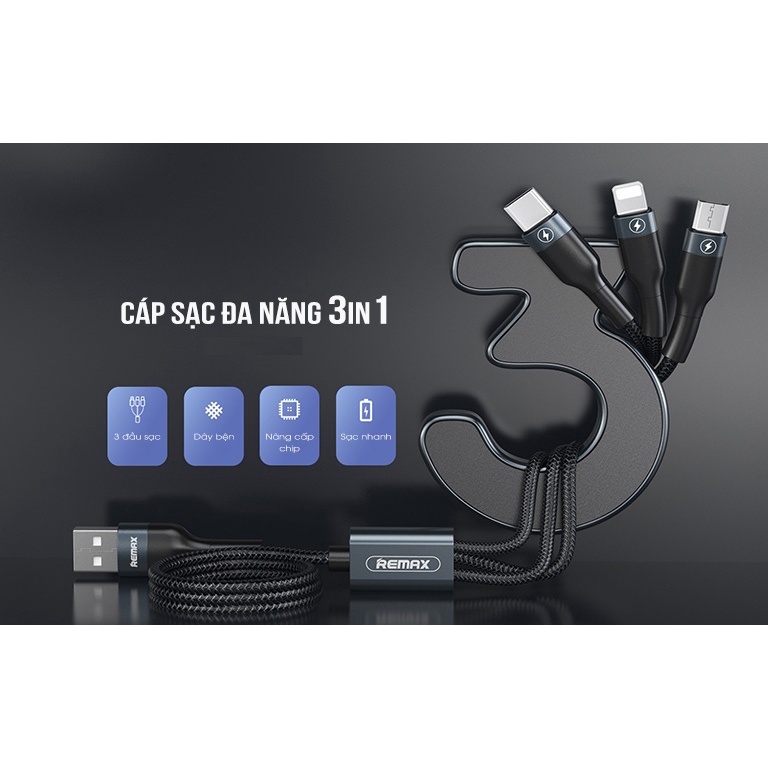 Cáp sạc 3 đầu đa năng Remax bọc dù,Cáp sạc 3 đầu ,TypeC,Micro USB