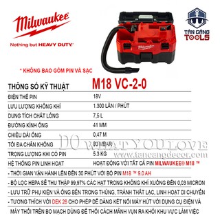 MÁY HÚT BỤI KHÔ / ƯỚT MILWAUKEE M18 VC-2-0