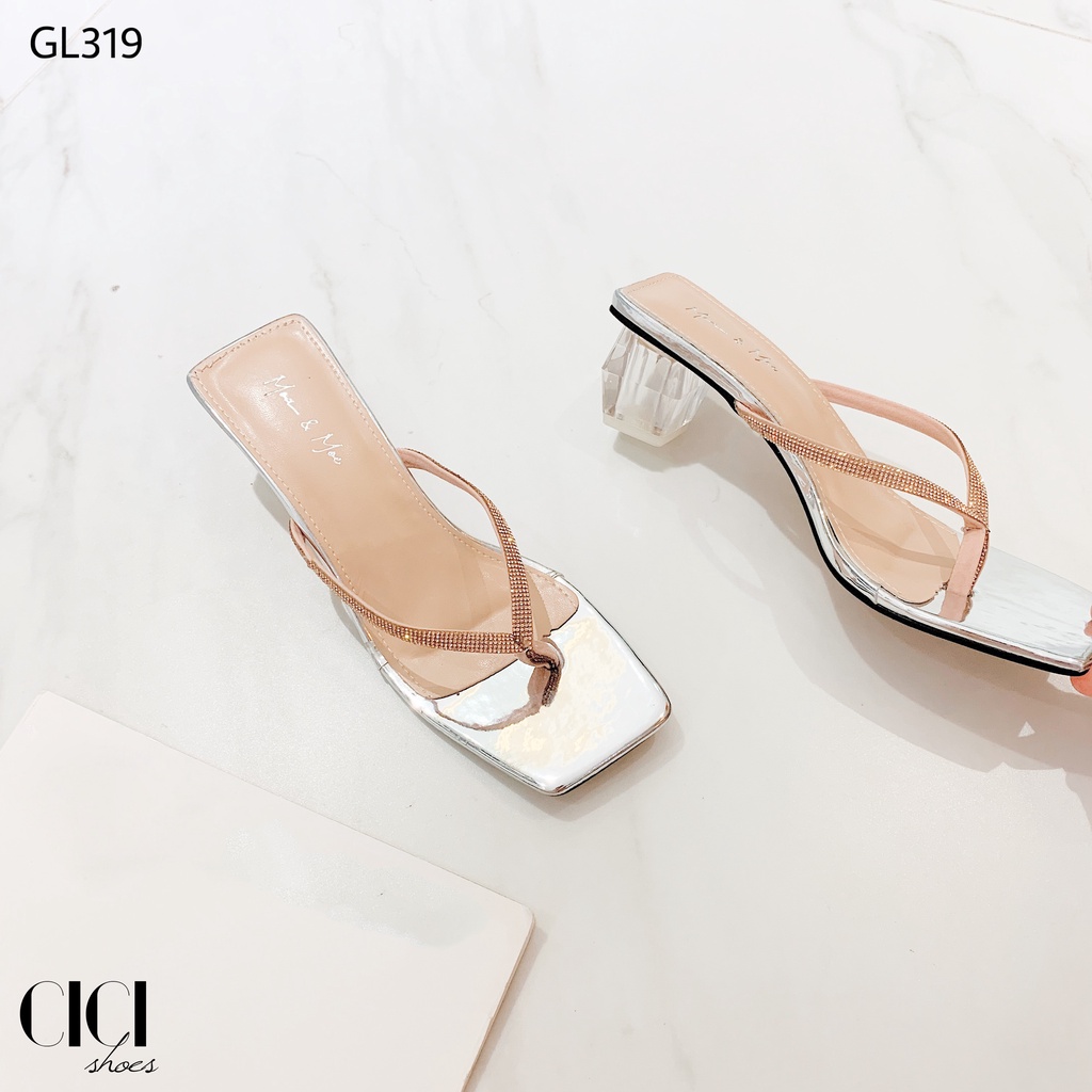 Giày cao gót nữ CiCi Shoes gót vuông trong 5cm, guốc quai da chữ V đính đá - GL319