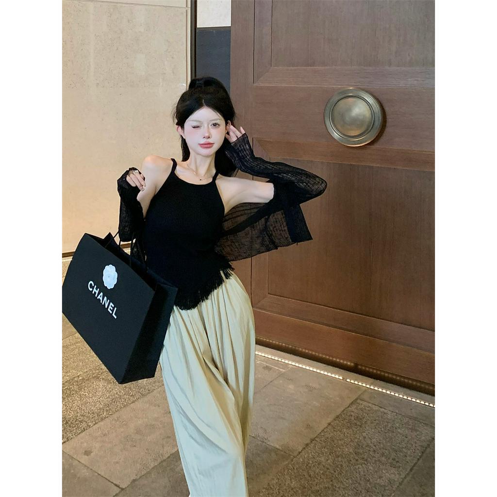 qkoole Áo Khoác cardigan Hai Mảnh Không Tay Tua Rua Màu Trơn Mỏng Mùa Hè Quyến Rũ Dễ Phối Đồ Cho Nữ