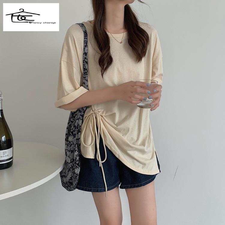 Hàng Có Sẵn Bán Chạy~Áo Thun Tay Ngắn Dáng Rộng Phối Dây Rút Thiết Kế Xẻ Tà Cỡ Lớn 300 Jin Thời Trang Cho Nữ