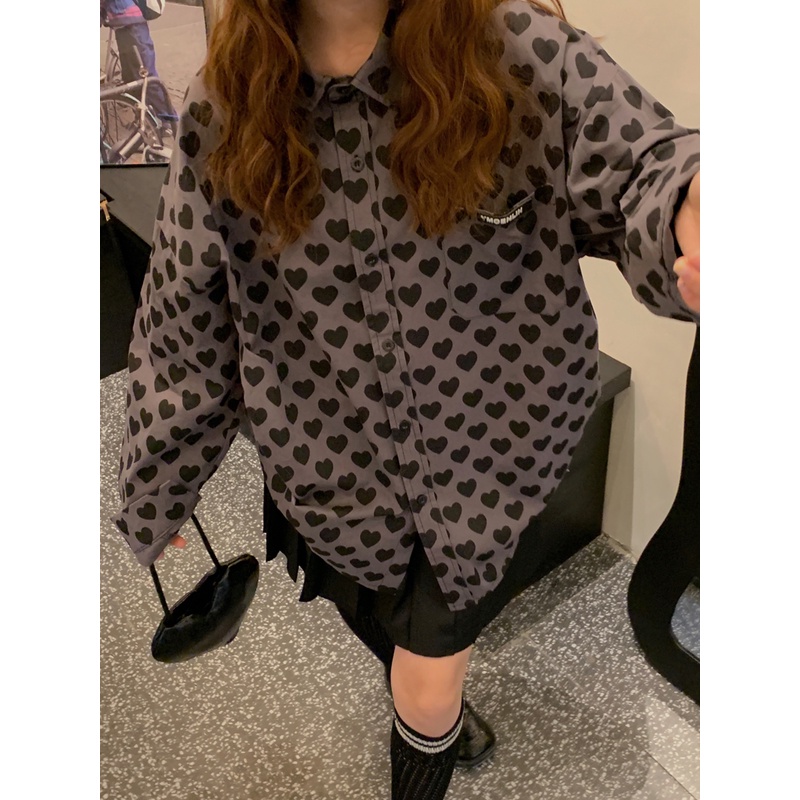 Áo sơ mi SUXI tay dài in họa tiết trái tim phong cách retro thời trang Hàn Quốc cho nữ