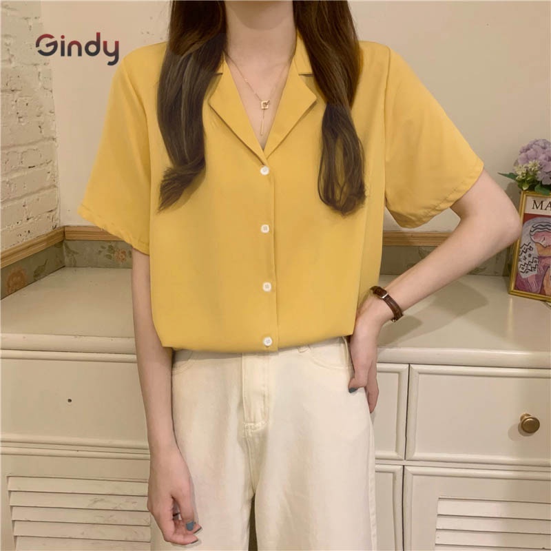 Áo sơ mi kiểu nữ cổ vest GINDY form rộng màu trắng, xanh, vàng basic chất lụa thời trang học sinh công sở Hàn Quốc A5145