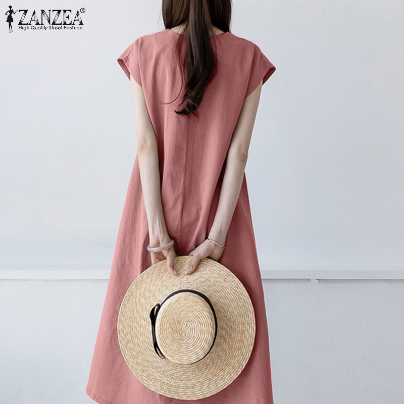 Đầm Zanzea ngắn tay cổ chữ v form rộng phong cách cổ điển thanh lịch dành cho nữ