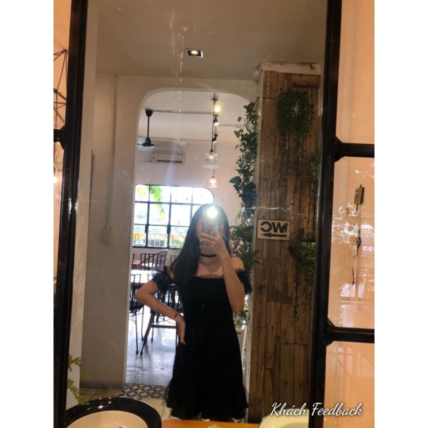 [SẴN CÓ ẢNH THẬT KHÁCH MẶC PHÍA SAU] ĐẦM TIỂU THƯ REN LƯỚI NGẮN BẸT VAI MÀU ĐEN ULLZANG CÁ TÍNH
