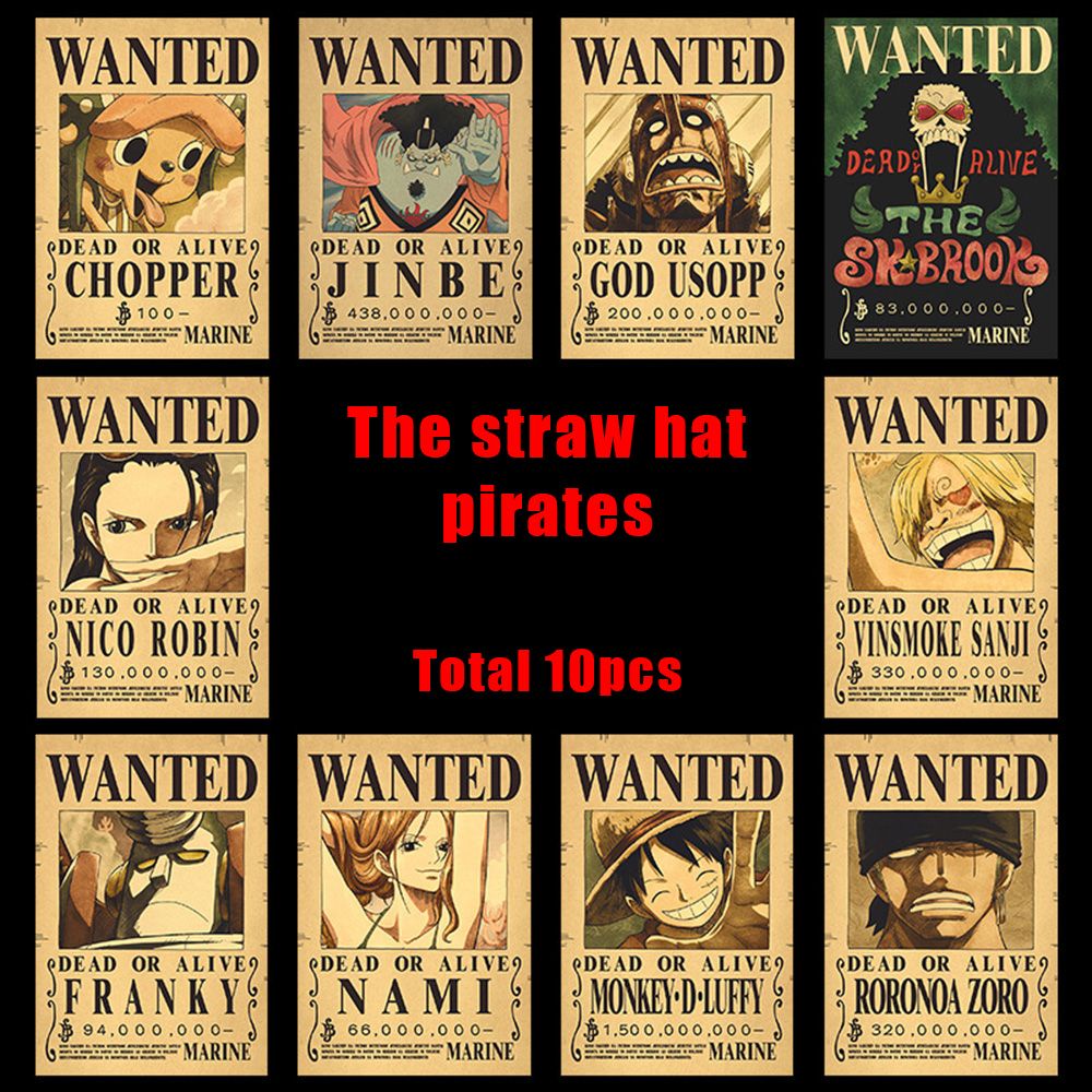 Set 10 áp phích trang trí phòng khách hình các nhân vật trong anime One Piece phong cách vintage