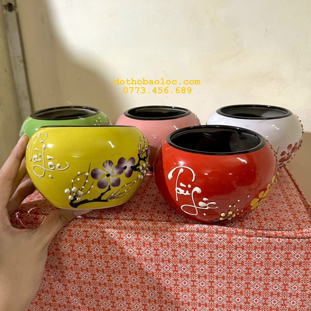 Chậu hoa Tài Lộc gốm Bát Tràng cao 9cm , Vò cắm hoa sứ để bàn