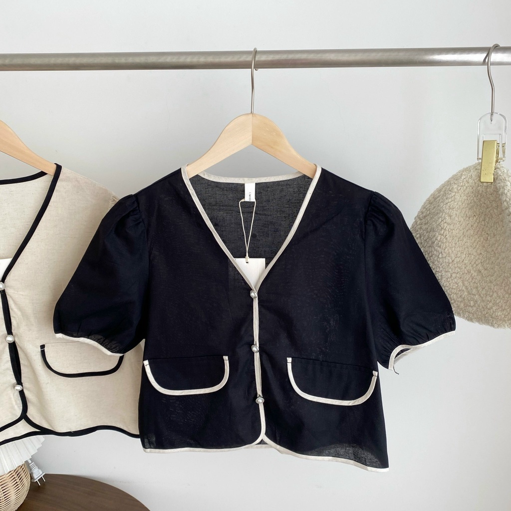 Áo Linen viền cổ V khuy trai 2471 I MISS