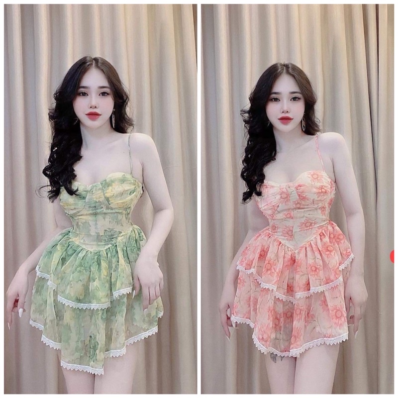 Đầm xòe 2 dây voan hoa viền ren phong cách sexy quyến rũ
