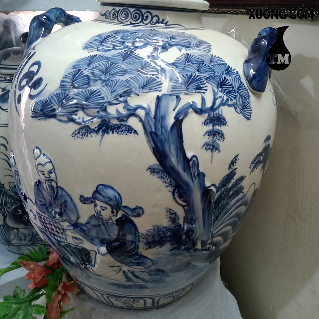 Chum Sành Đựng Nước, Ngâm Rươ.u Tráng Men Họa Tiết Đánh Cờ Chữ Tài Lộc Xưởng Gốm TM Bát Tràng 30L