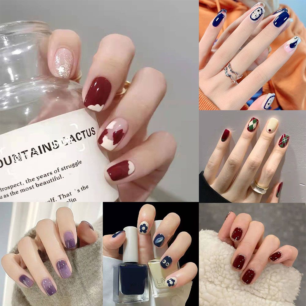 [Hàng mới về] Bộ 24 móng tay giả dáng ngắn vuông/ tròn nhiều mẫu tùy chọn có keo dán tiện lợi