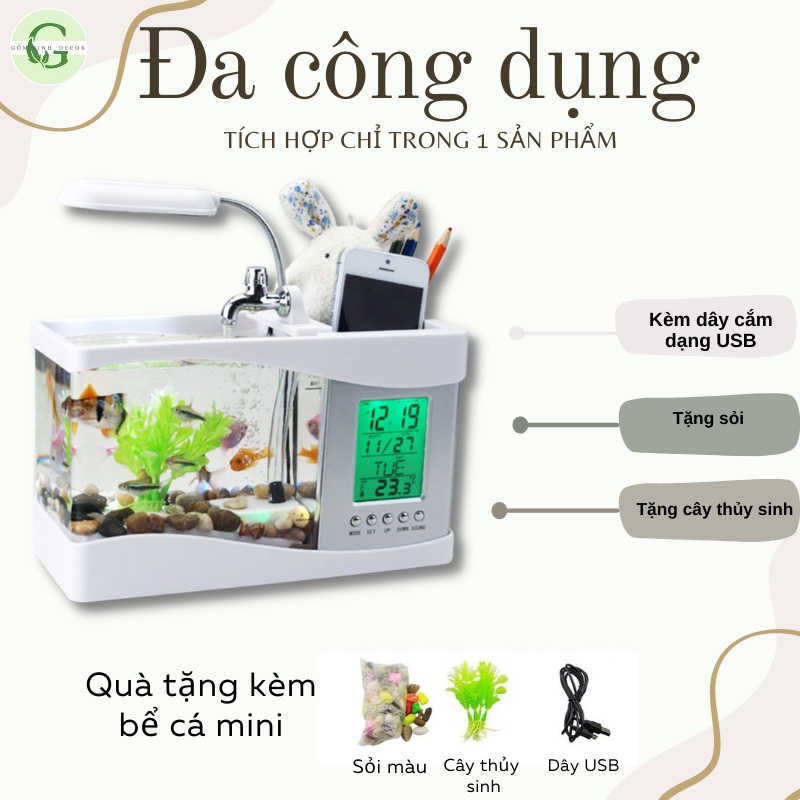 Bể Cá Mini Hồ Thuỷ Sinh để bàn [Đồng Hồ Đèn Bàn Sỏi Cây trang trí]