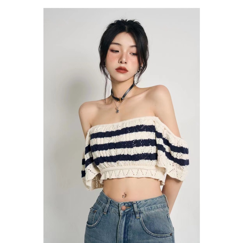 Áo croptop Dệt Kim Trễ Vai Cổ Vuông Hoạ Tiết Kẻ Sọc Trắng Đen Thời Trang Mùa Hè Cho Phái Nữ