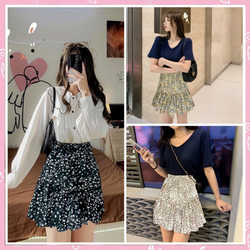 Chân Váy Hoa Nhí Vintage Hai Lớp. Chân Váy Ngắn Phong Cách Hàn Quốc Chất Vải Voan Nhật