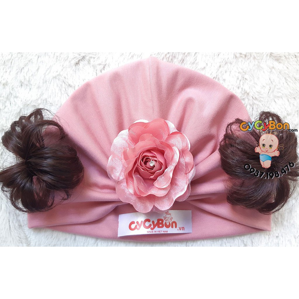 Nón Mũ Turban Tóc Giả Cho Bé Gái Màu Hồng Ruốc Đính Bông Hồng Chất Vải Cotton Có Size Cho Bé Từ Sơ Sinh!