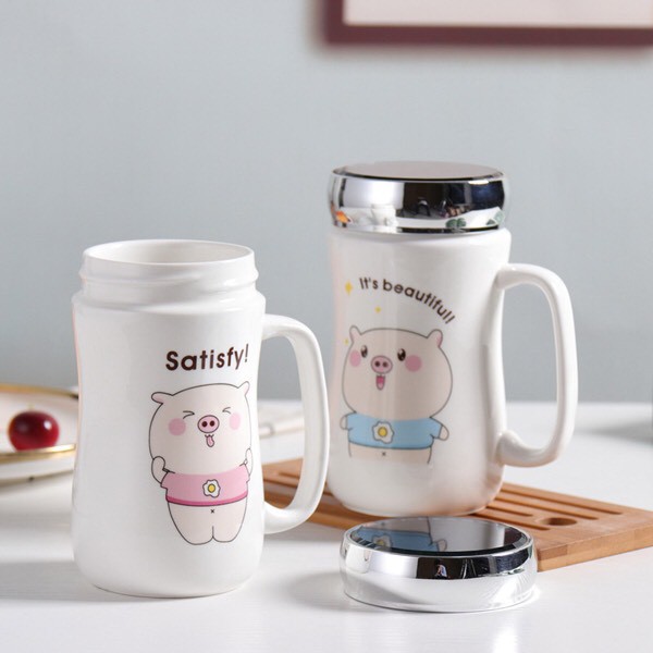 Ly gốm sứ Vacuum cup nắp gương nhiều hình cute