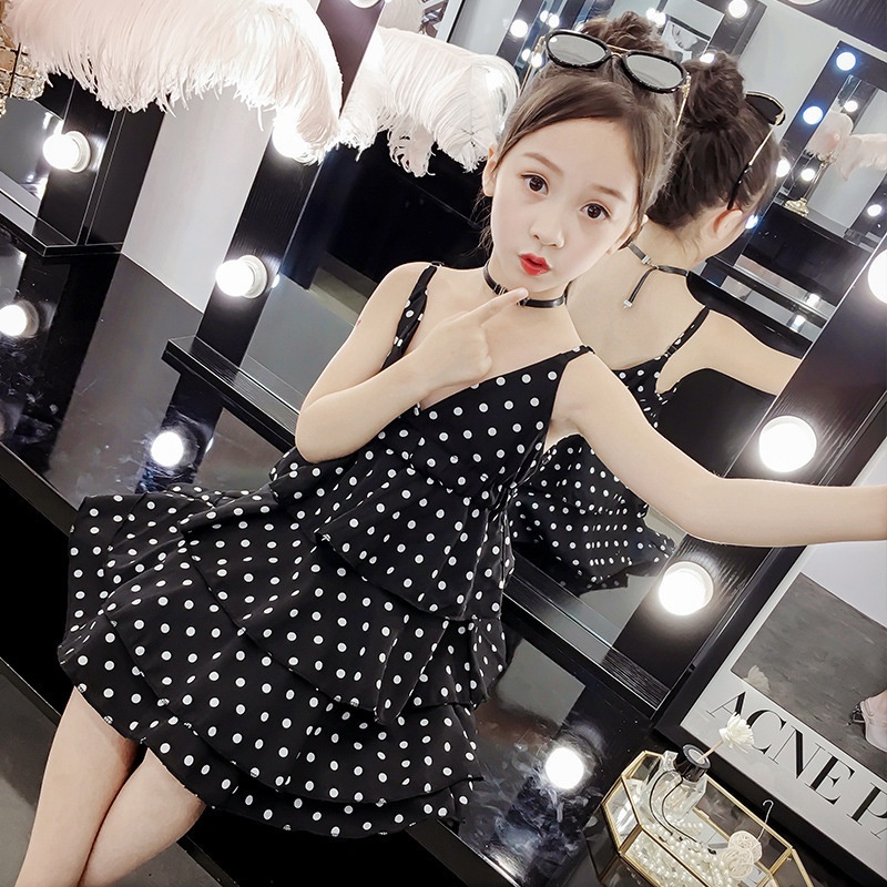 váy cho cô gái polka chấm trẻ em sling váy trẻ em quần áo AKKU